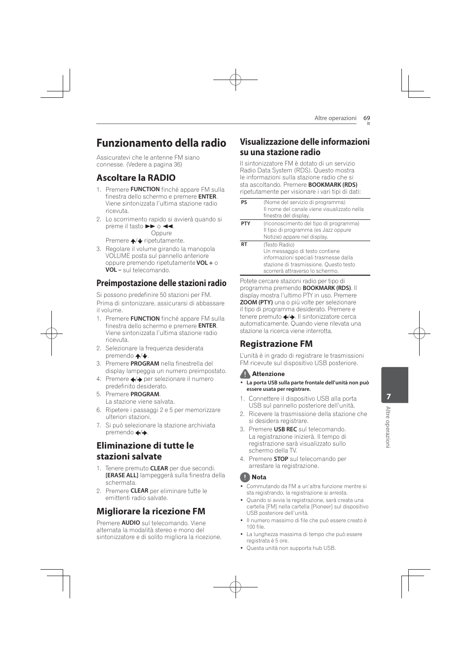 Funzionamento della radio, Ascoltare la radio, Preimpostazione delle stazioni radio | Eliminazione di tutte le stazioni salvate, Migliorare la ricezione fm, Registrazione, Registrazione fm | Pioneer MCS-FS131 User Manual | Page 359 / 576