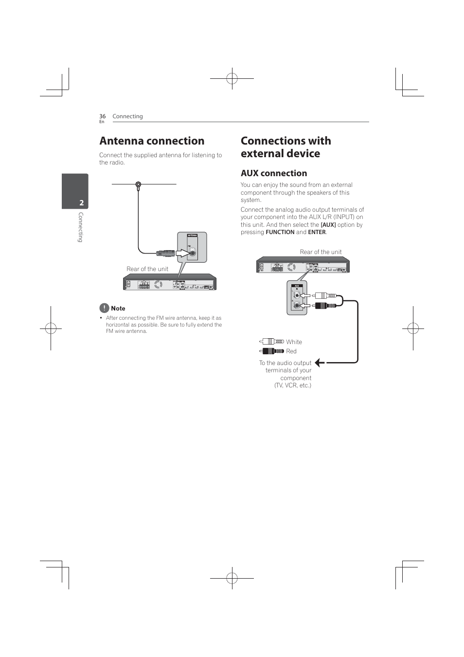 36 antenna, Connection, Connections with external device | Antenna connection, Aux connection | Pioneer MCS-FS131 User Manual | Page 36 / 576
