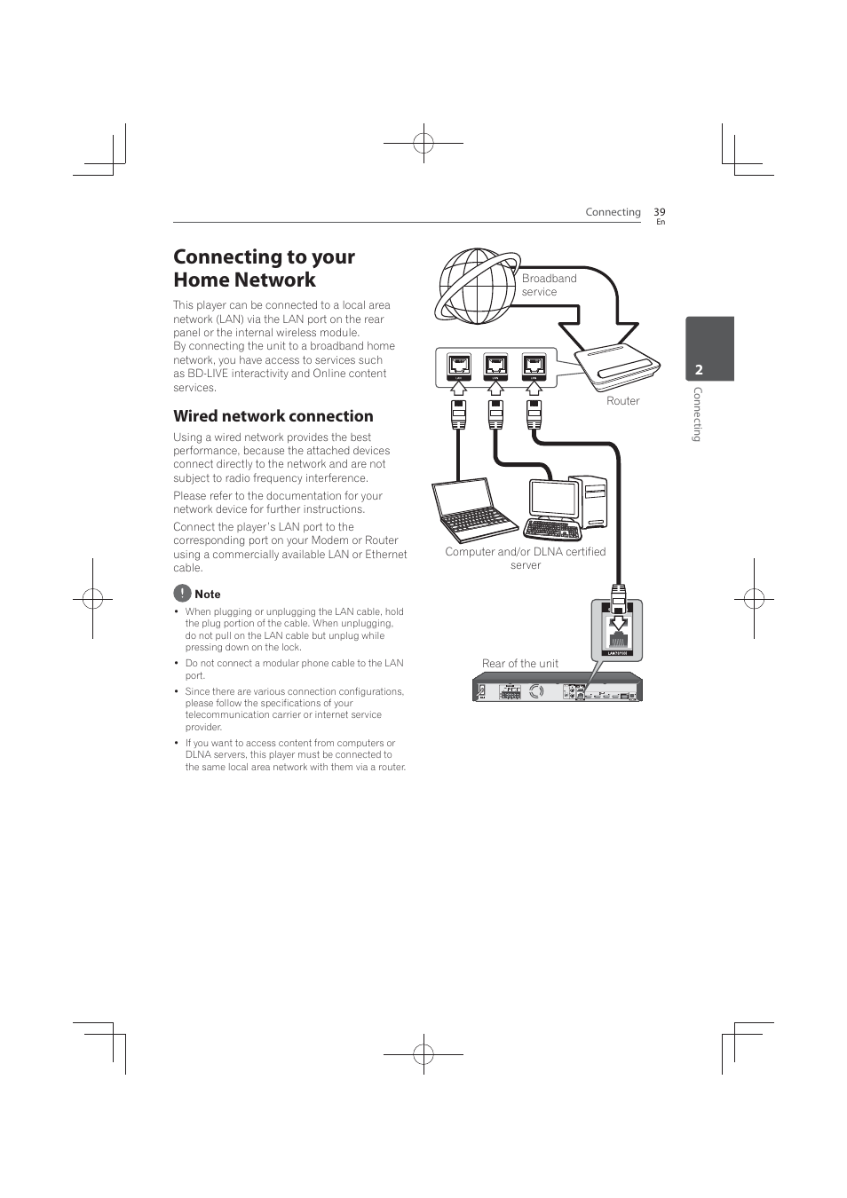 Connecting to your home network, Wired network connection | Pioneer MCS-FS131 User Manual | Page 39 / 576