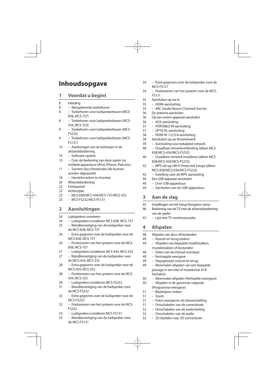 Blu-ray disc multikanaals systeem, Inhoudsopgave, 1voordat u begint | 2 aansluitingen, 3aan de slag, 4 afspelen | Pioneer MCS-FS131 User Manual | Page 390 / 576