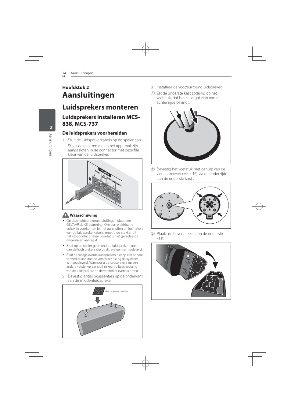 2 aansluitingen, 24 luidsprekers, Monteren | Luidsprekers installeren mcs-838, mcs-737, Aansluitingen, Luidsprekers monteren | Pioneer MCS-FS131 User Manual | Page 408 / 576
