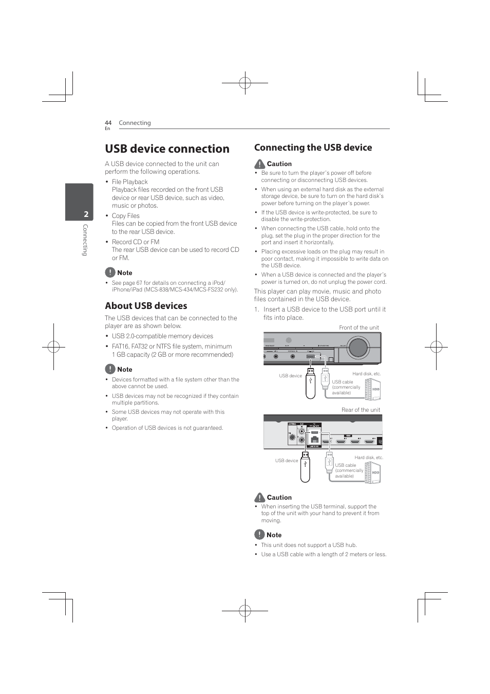 Usb device connection, About usb devices, Connecting the usb device | Pioneer MCS-FS131 User Manual | Page 44 / 576