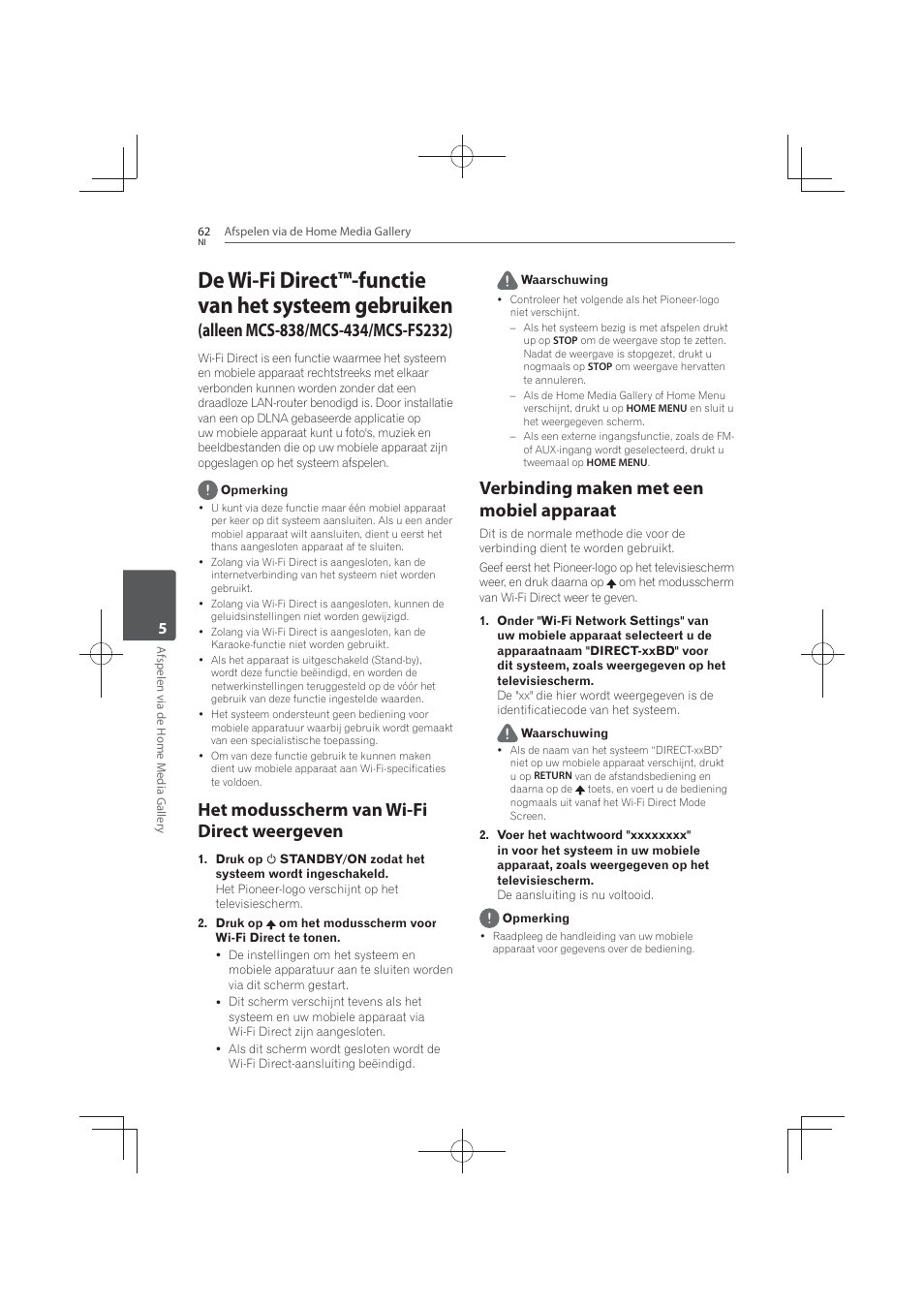 Het modusscherm van wi-fi direct weergeven, Verbinding maken met een mobiel apparaat, De wi-fi direct™-functie van het systeem gebruiken | Pioneer MCS-FS131 User Manual | Page 446 / 576