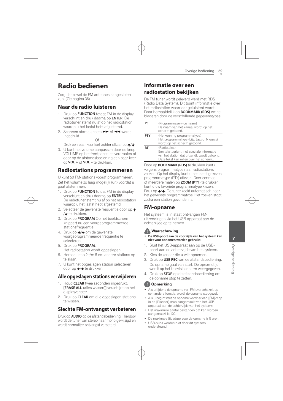 69 radio, Bedienen, Naar de radio luisteren | Radiostations, Programmeren, Alle opgeslagen stations verwijderen, Slechte fm-ontvangst verbeteren, Informatie over een radiostation bekijken, Fm-opname, Radio bedienen | Pioneer MCS-FS131 User Manual | Page 453 / 576