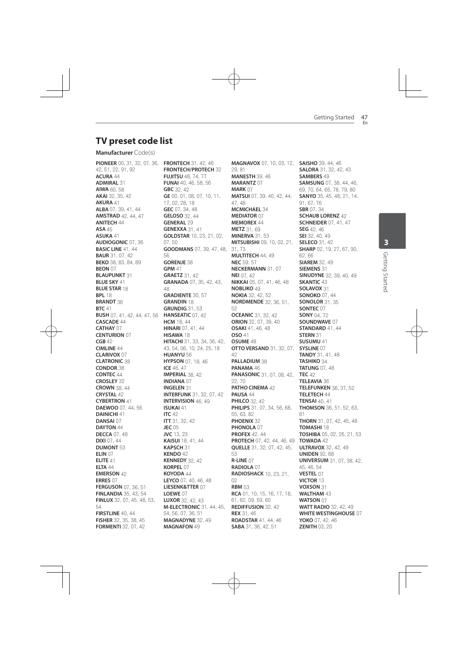 Tv preset code list | Pioneer MCS-FS131 User Manual | Page 47 / 576