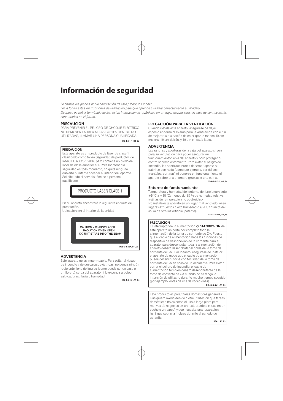 Información de seguridad, Producto laser clase 1 | Pioneer MCS-FS131 User Manual | Page 480 / 576