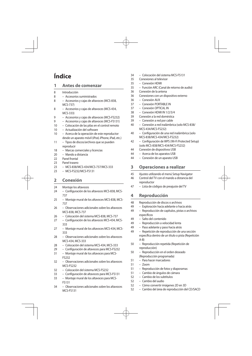 Sistema surround de blu-ray disc, Ual de instrucciones, Índice | 1antes de comenzar, 2 conexión, 3operaciones a realizar, 4 reproducción | Pioneer MCS-FS131 User Manual | Page 484 / 576