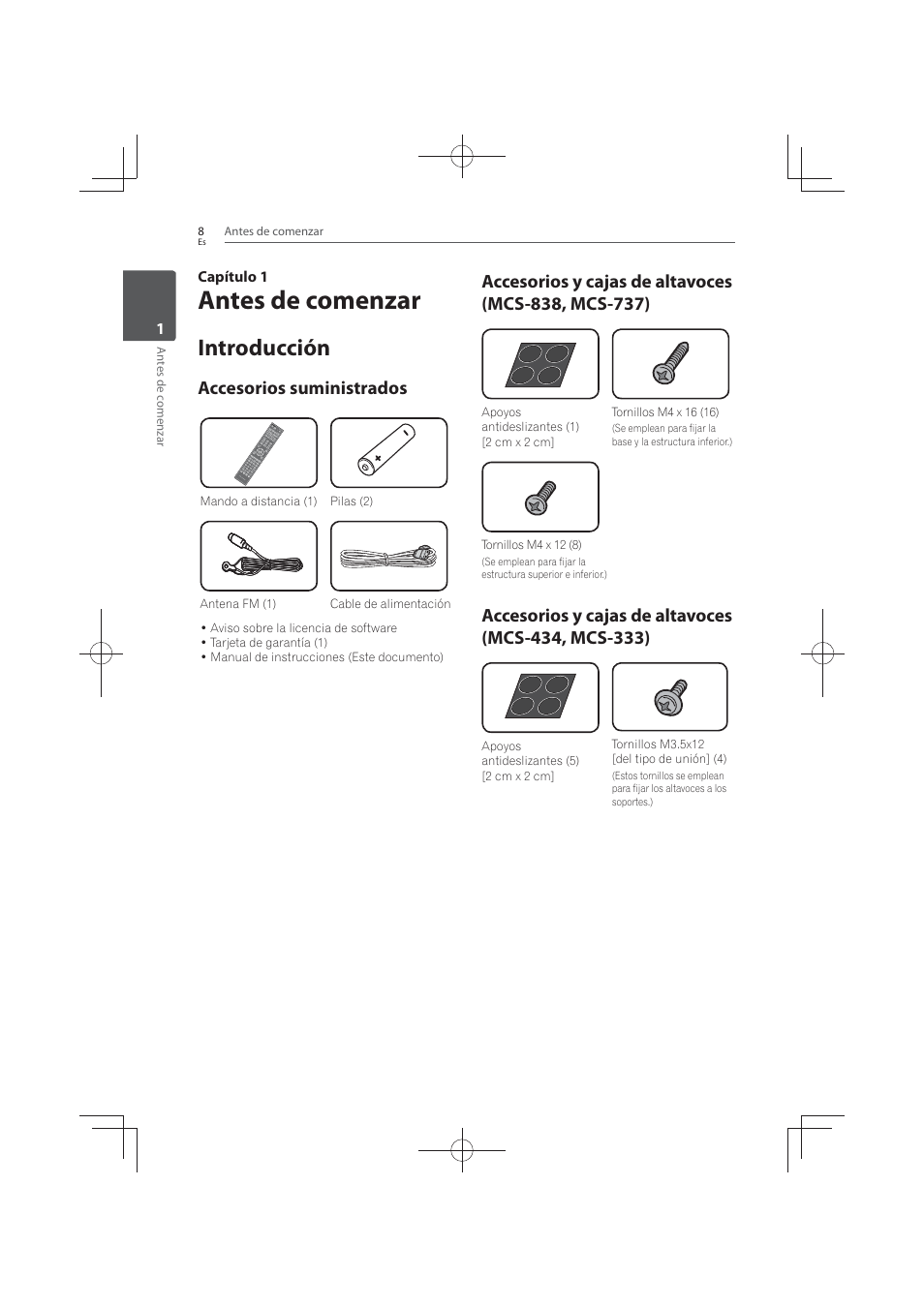 Antes de comenzar, 8 introducción 8, Accesorios | Suministrados, Accesorios y cajas de altavoces (mcs-838, mcs-737), Accesorios y cajas de altavoces (mcs-434, mcs-333), Introducción, Accesorios suministrados | Pioneer MCS-FS131 User Manual | Page 486 / 576