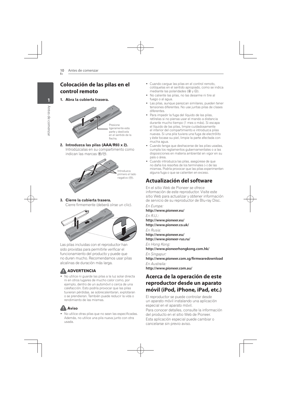 Colocación de las pilas en el control remoto, Actualización del software | Pioneer MCS-FS131 User Manual | Page 488 / 576