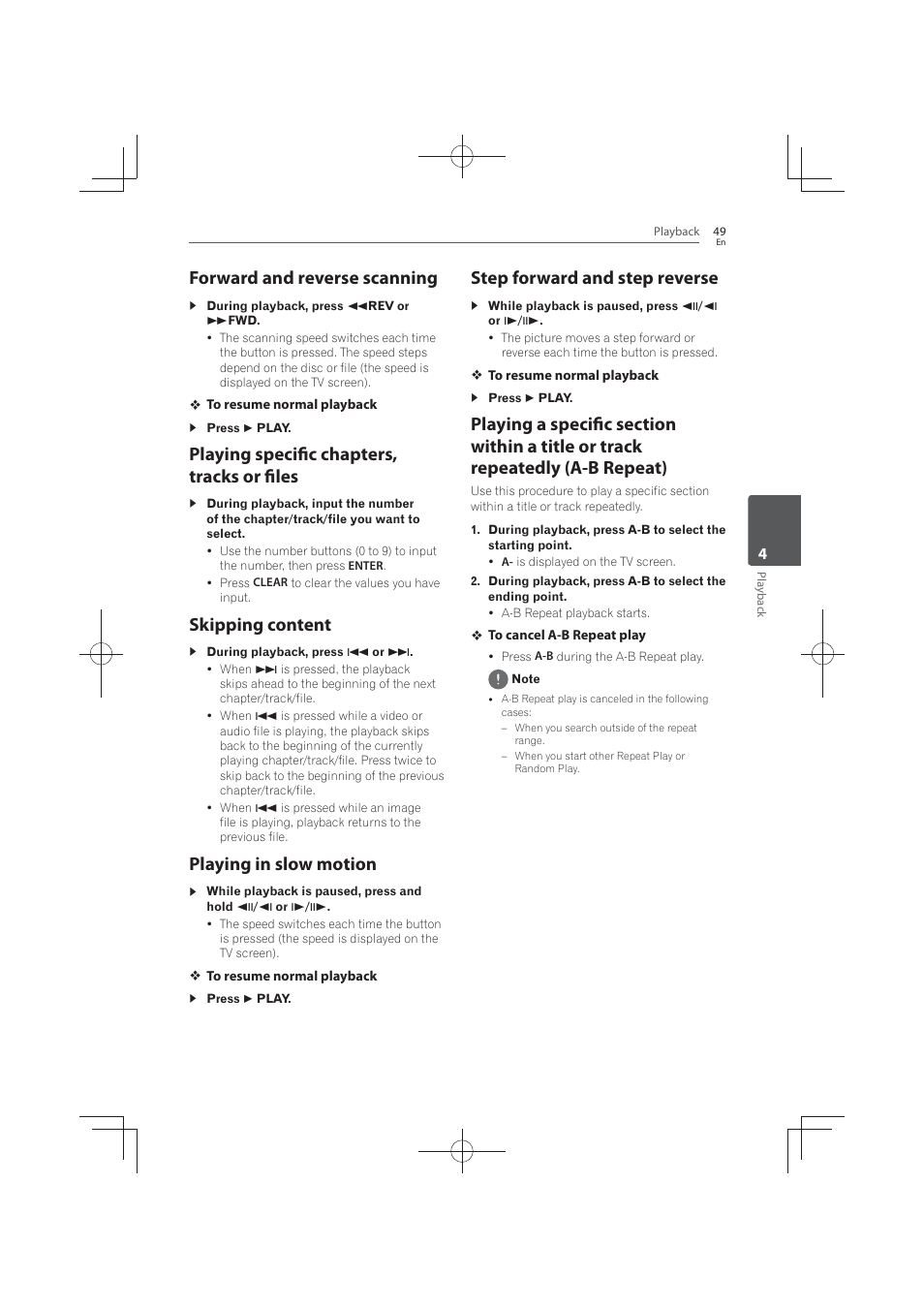 Forward and reverse scanning, Playing specific chapters, tracks or files, Skipping | Content, Playing in slow motion, Step forward and step reverse, Skipping content | Pioneer MCS-FS131 User Manual | Page 49 / 576