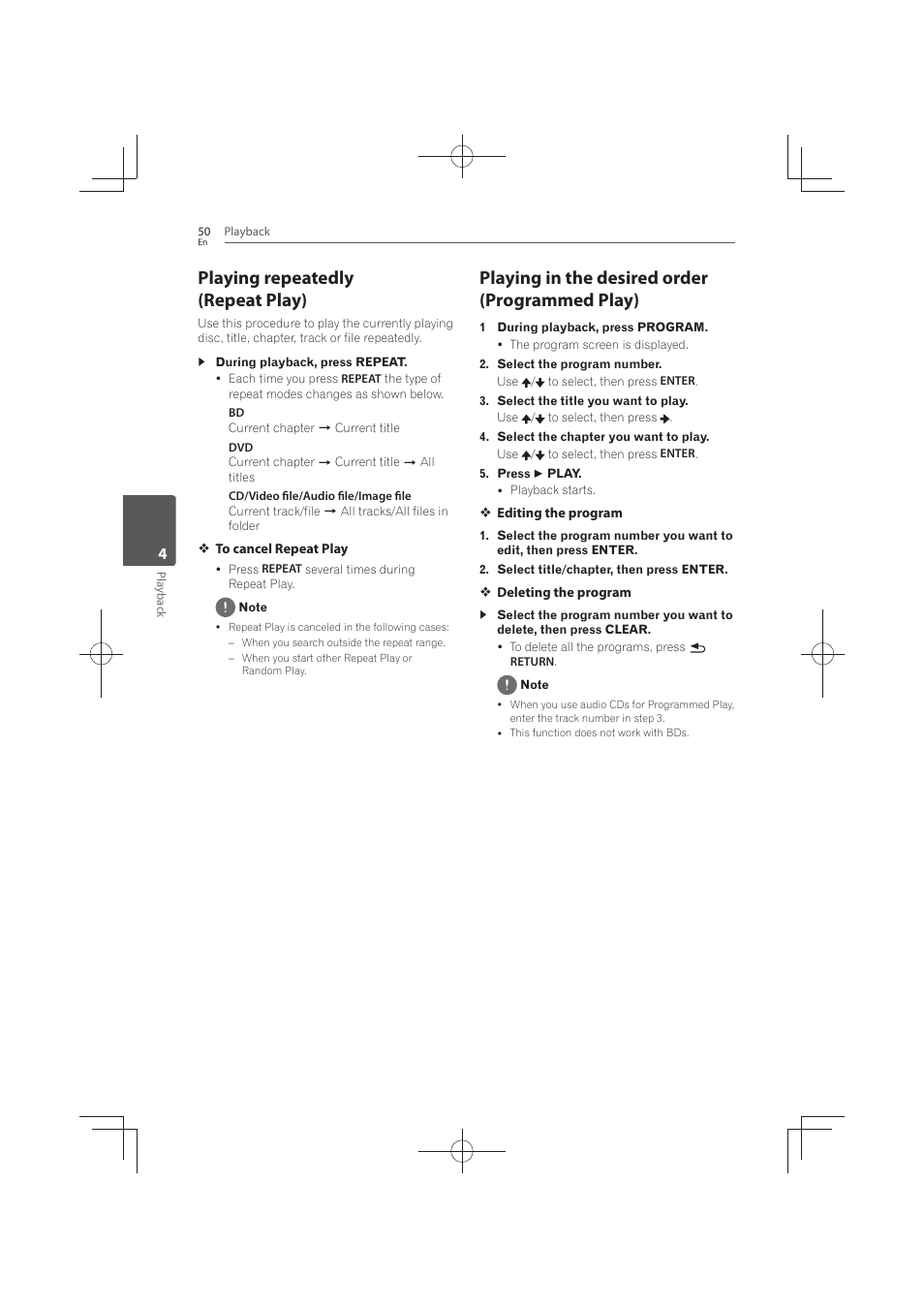 Playing repeatedly (repeat play), Playing in the desired order (programmed play) | Pioneer MCS-FS131 User Manual | Page 50 / 576
