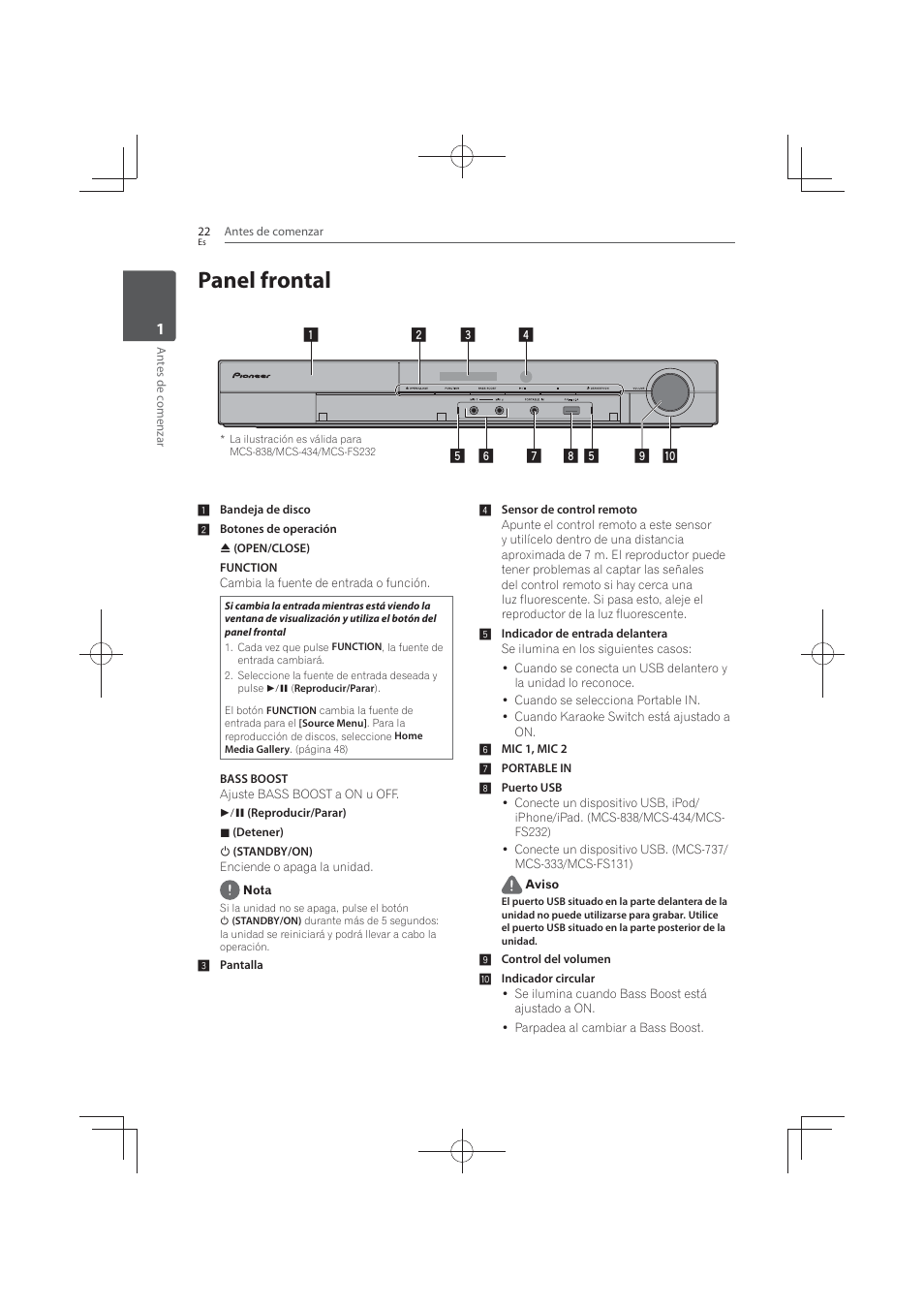 22 panel, Frontal, Panel frontal | Pioneer MCS-FS131 User Manual | Page 500 / 576