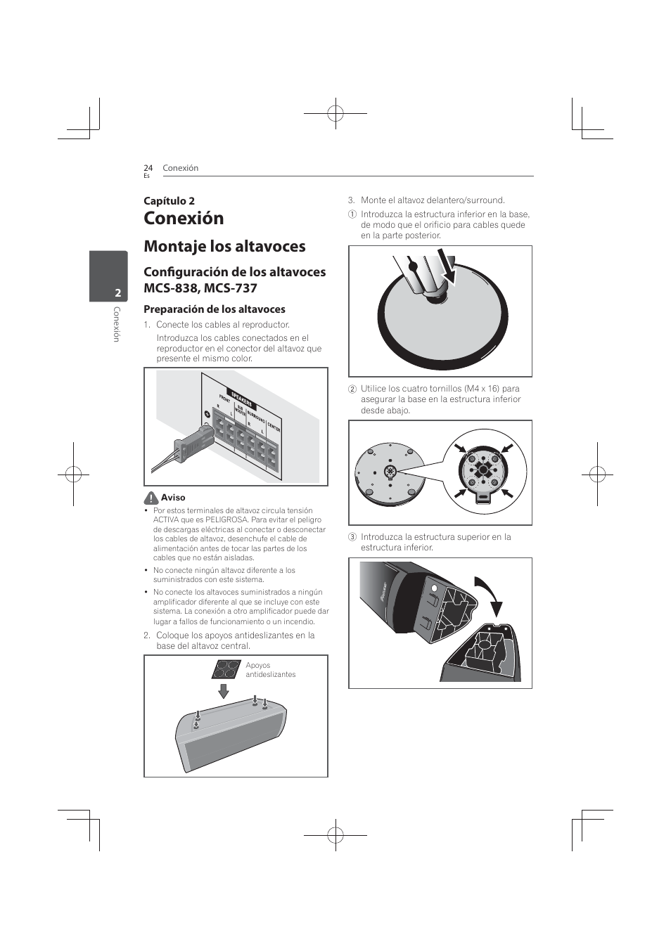 2 conexión, Montaje los altavoces, Configuración de los altavoces mcs-838, mcs- 737 | Conexión | Pioneer MCS-FS131 User Manual | Page 502 / 576