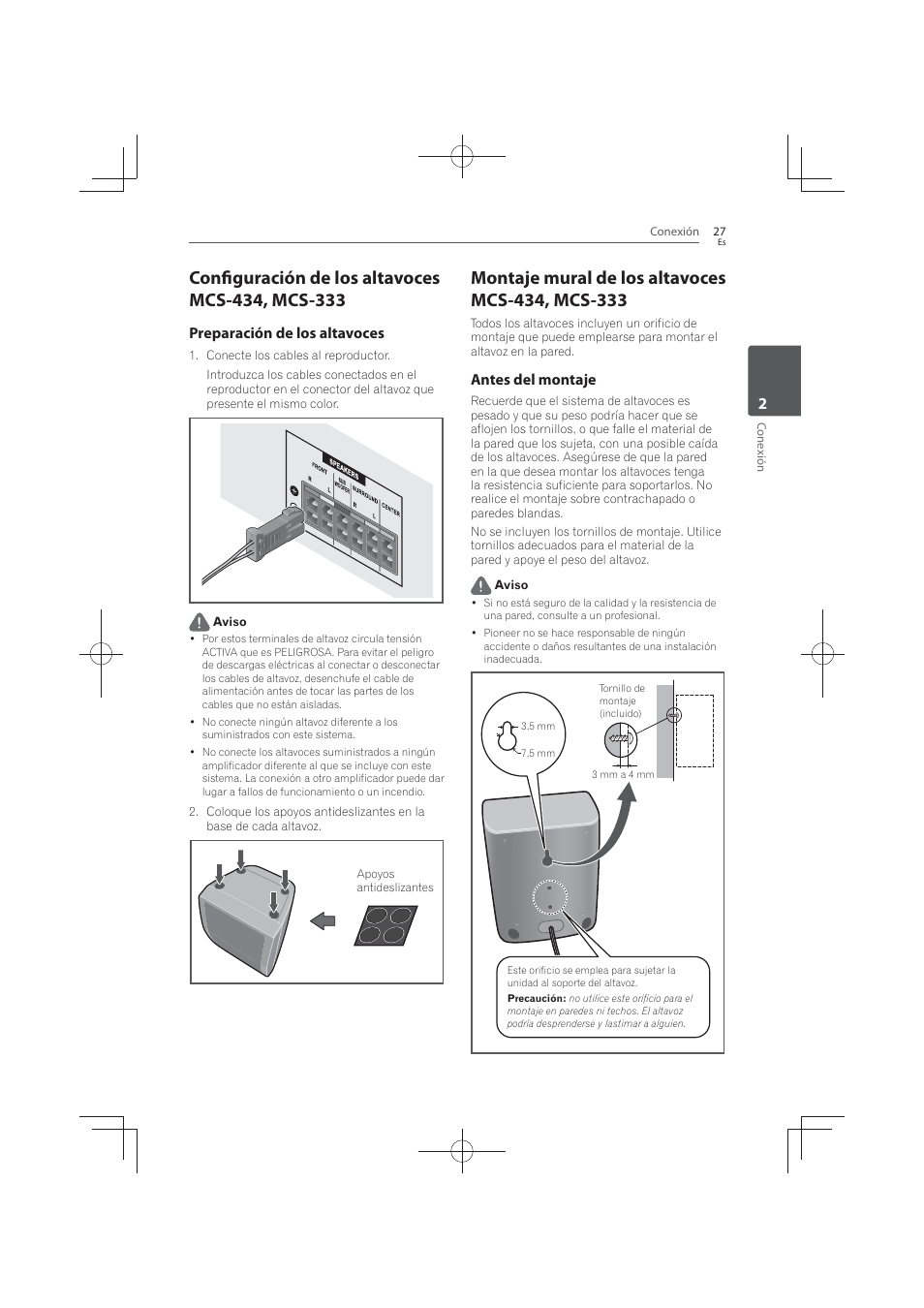 Configuración de los altavoces mcs-434, mcs- 333, Montaje mural de los altavoces mcs-434, mcs- 333, Preparación de los altavoces | Antes del montaje | Pioneer MCS-FS131 User Manual | Page 505 / 576