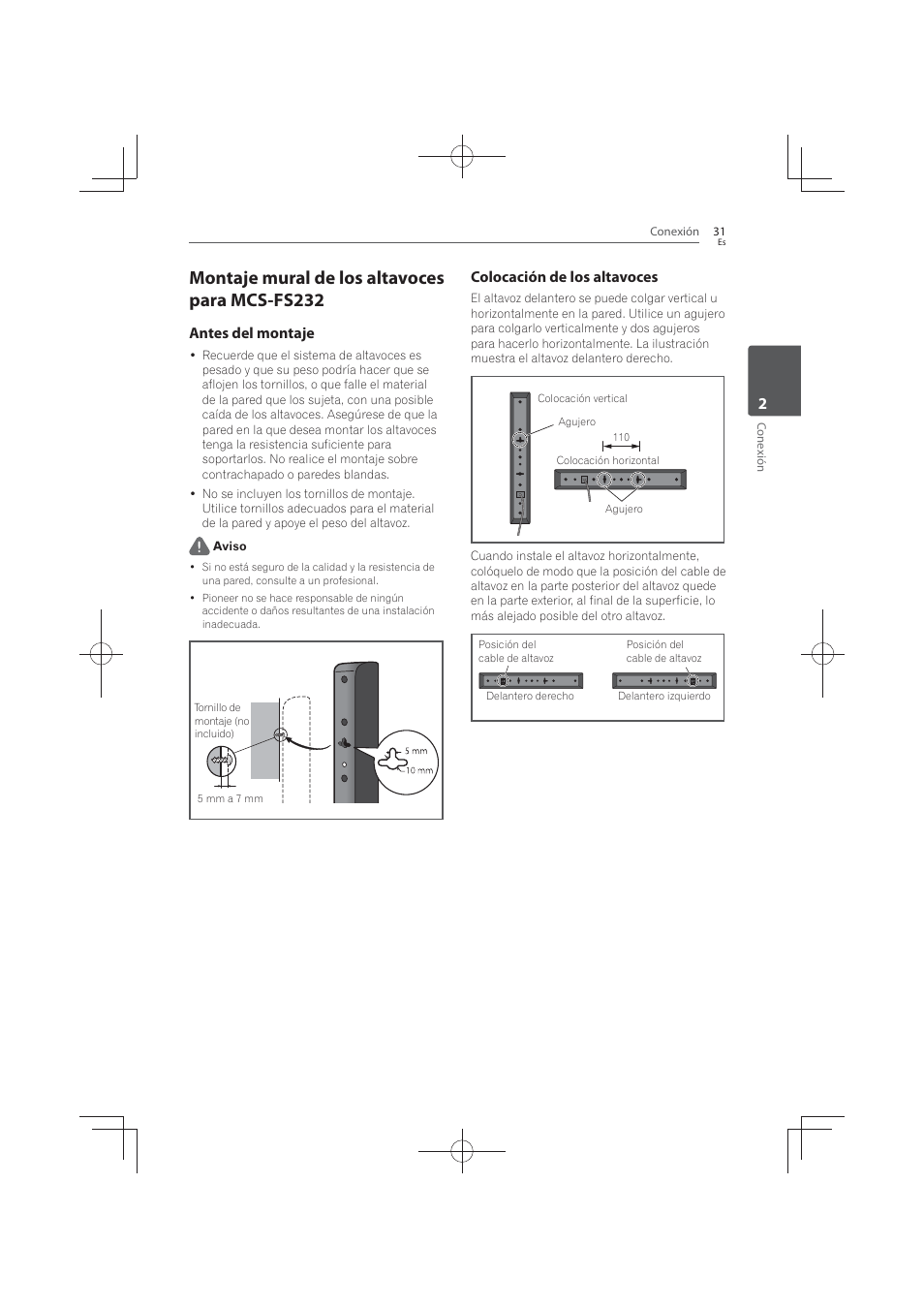 Montaje mural de los altavoces para mcs- fs232, Montaje mural de los altavoces para mcs-fs232, Antes del montaje | Colocación de los altavoces | Pioneer MCS-FS131 User Manual | Page 509 / 576