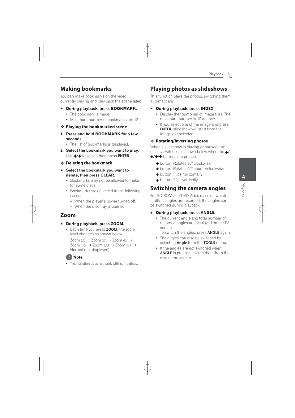 Making, Bookmarks, Zoom | Playing photos as slideshows, Switching the camera angles, Making bookmarks | Pioneer MCS-FS131 User Manual | Page 51 / 576