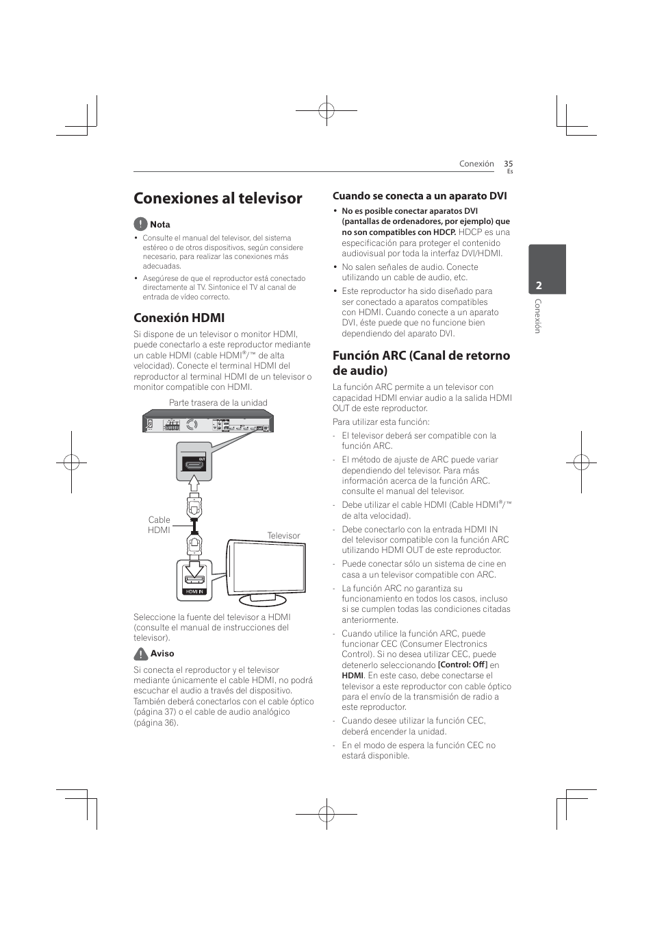 Conexiones al televisor, Conexión, Hdmi | Función arc (canal de retorno de audio), Conexión hdmi, Cuando se conecta a un aparato dvi | Pioneer MCS-FS131 User Manual | Page 513 / 576