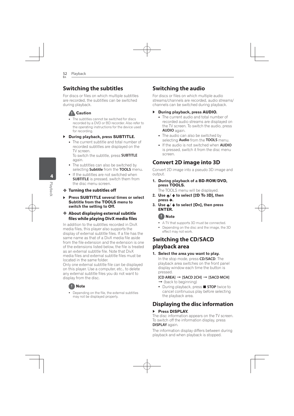 Switching the subtitles, Switching the audio, Convert 2d image into 3d | Switching the cd/sacd playback area, Displaying the disc information | Pioneer MCS-FS131 User Manual | Page 52 / 576