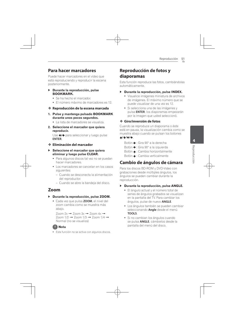 Para hacer marcadores, Zoom, Reproducción de fotos y diaporamas | Cambio de ángulos de cámara | Pioneer MCS-FS131 User Manual | Page 529 / 576