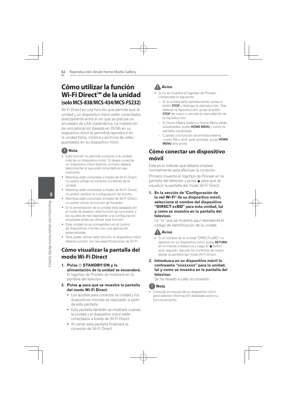 Cómo visualizar la pantalla del modo wi-fi direct, Cómo conectar un dispositivo móvil | Pioneer MCS-FS131 User Manual | Page 540 / 576