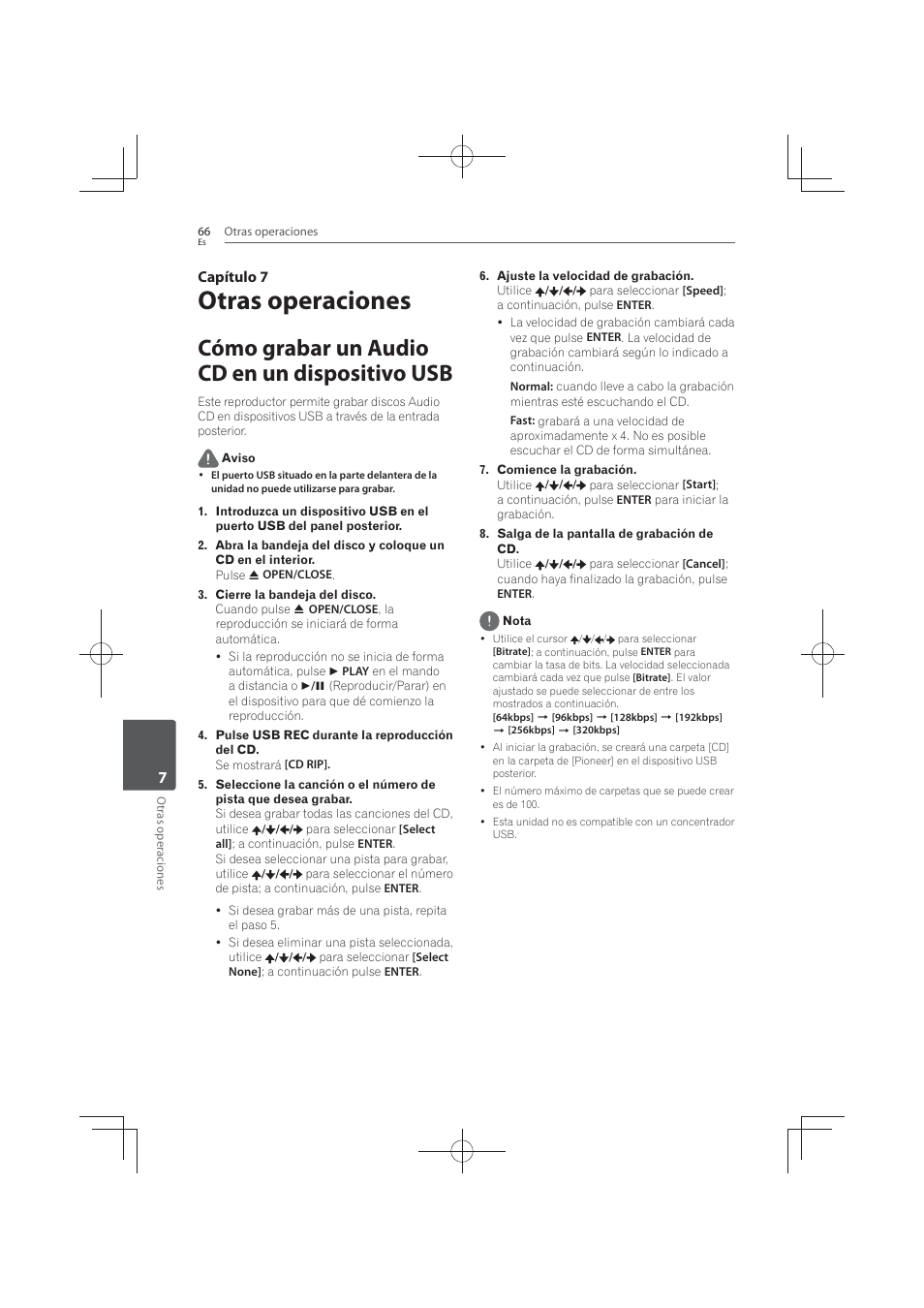 7 otras, Operaciones, Cómo grabar un audio cd en un dispositivo usb | Otras operaciones, 7capítulo 7 | Pioneer MCS-FS131 User Manual | Page 544 / 576