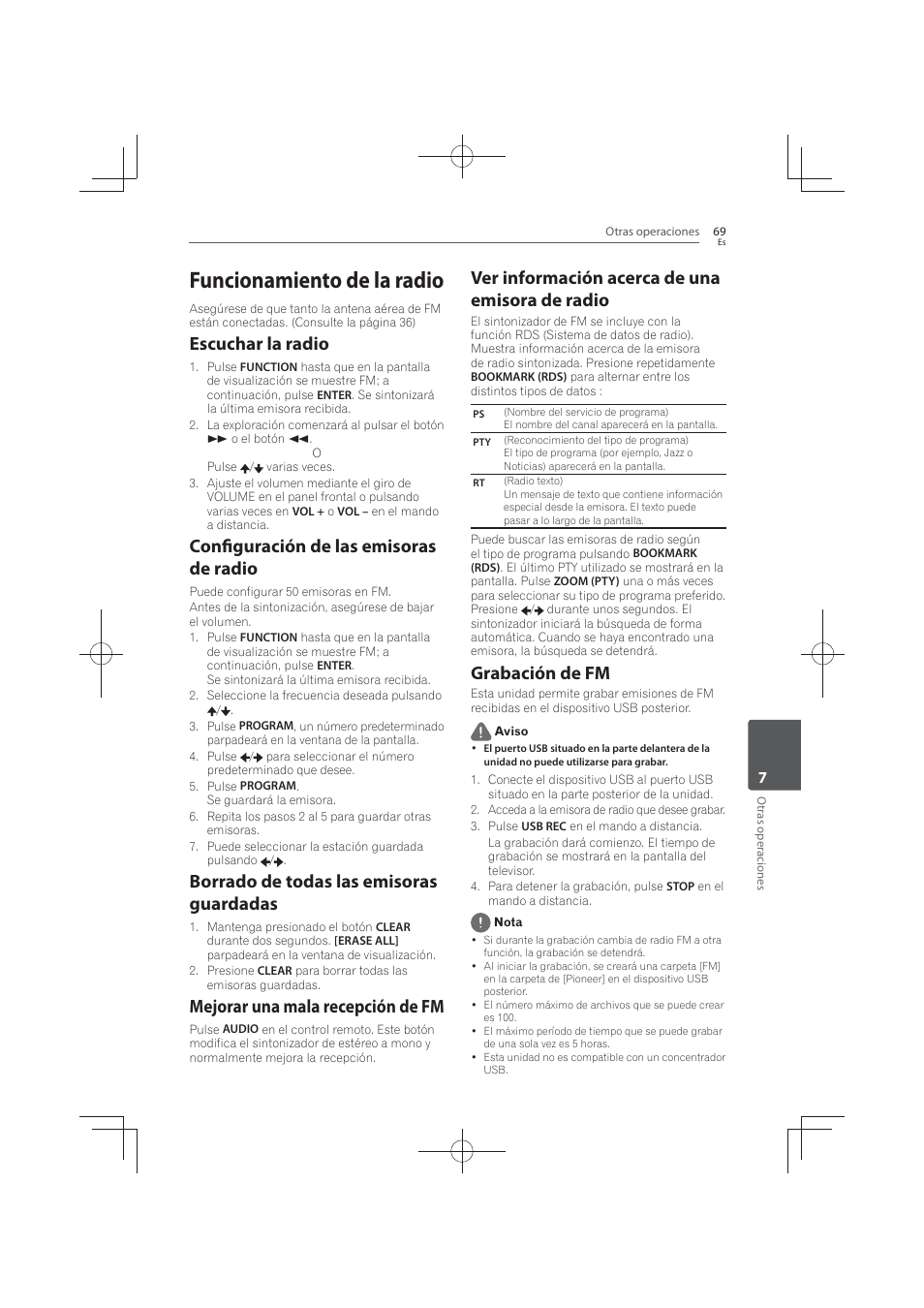 Funcionamiento de la radio, Escuchar la radio, Configuración de las emisoras de radio | Borrado de todas las emisoras guardadas, Mejorar una mala recepción de fm, Ver información acerca de una emisora de radio, Grabación de fm | Pioneer MCS-FS131 User Manual | Page 547 / 576