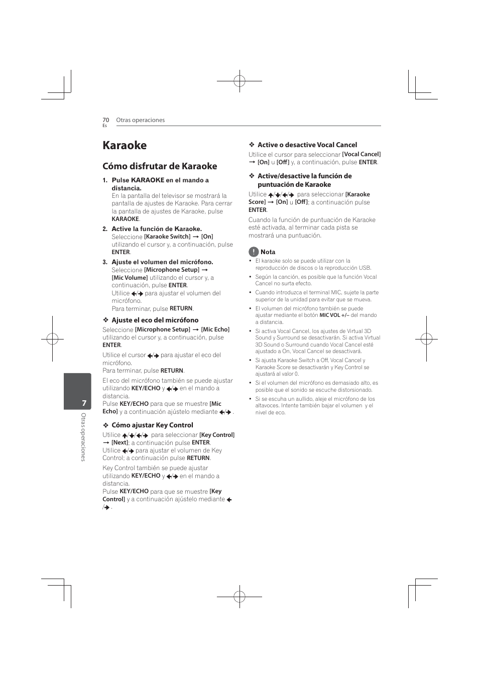 70 karaoke 70, Cómo disfrutar de karaoke, Karaoke | Pioneer MCS-FS131 User Manual | Page 548 / 576