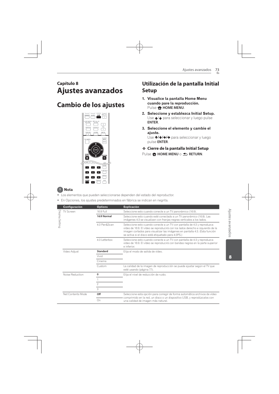 8 ajustes, Avanzados, Cambio de los ajustes | Utilización de la pantalla initial setup, Ajustes avanzados, 8capítulo 8 | Pioneer MCS-FS131 User Manual | Page 551 / 576