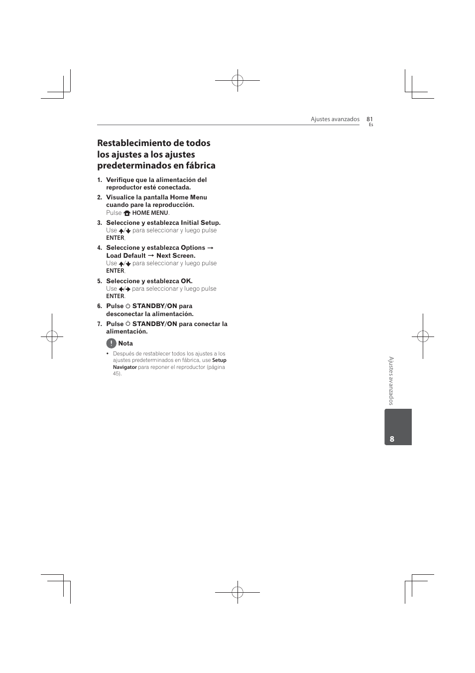Restablecimiento de todos los ajustes a los, Ajustes predeterminados en fábrica | Pioneer MCS-FS131 User Manual | Page 559 / 576