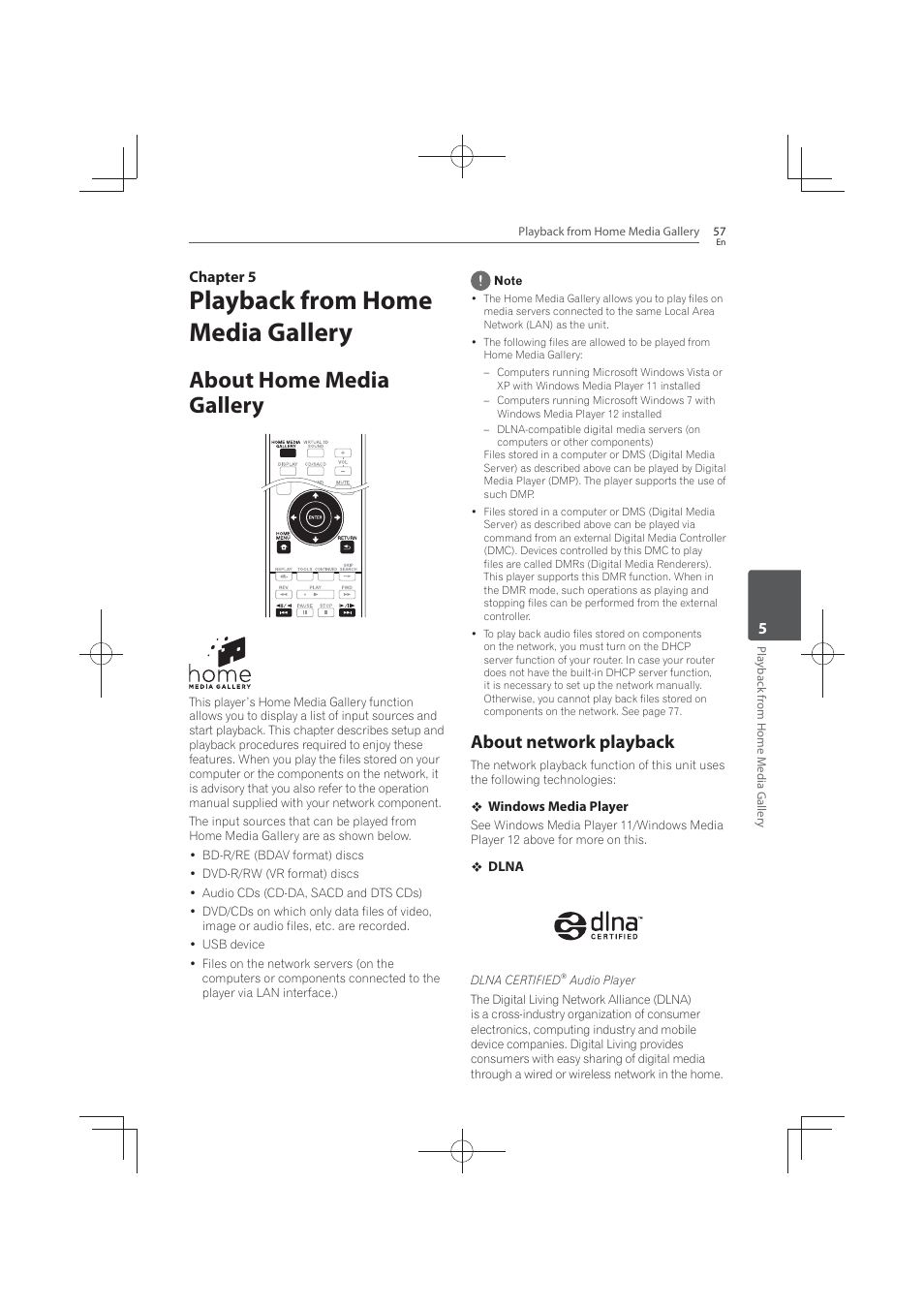 Playback from home media gallery, About home media gallery, About network playback | 5chapter 5 | Pioneer MCS-FS131 User Manual | Page 57 / 576
