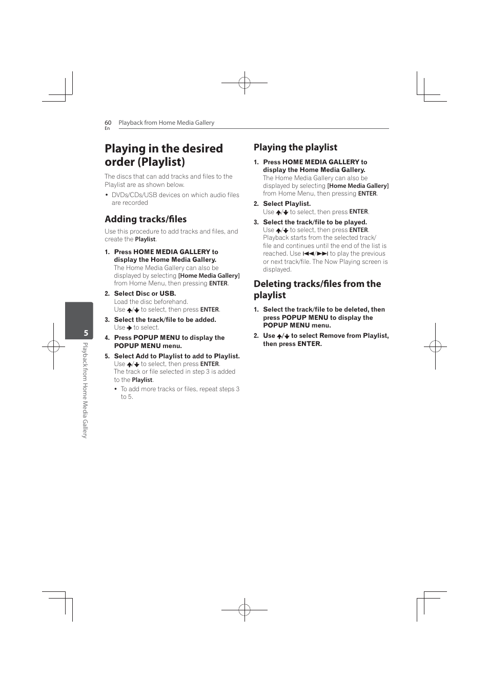 Playing in the desired order (playlist), Adding, Tracks/files | Playing the playlist, Deleting tracks/files from the playlist, Adding tracks/files | Pioneer MCS-FS131 User Manual | Page 60 / 576