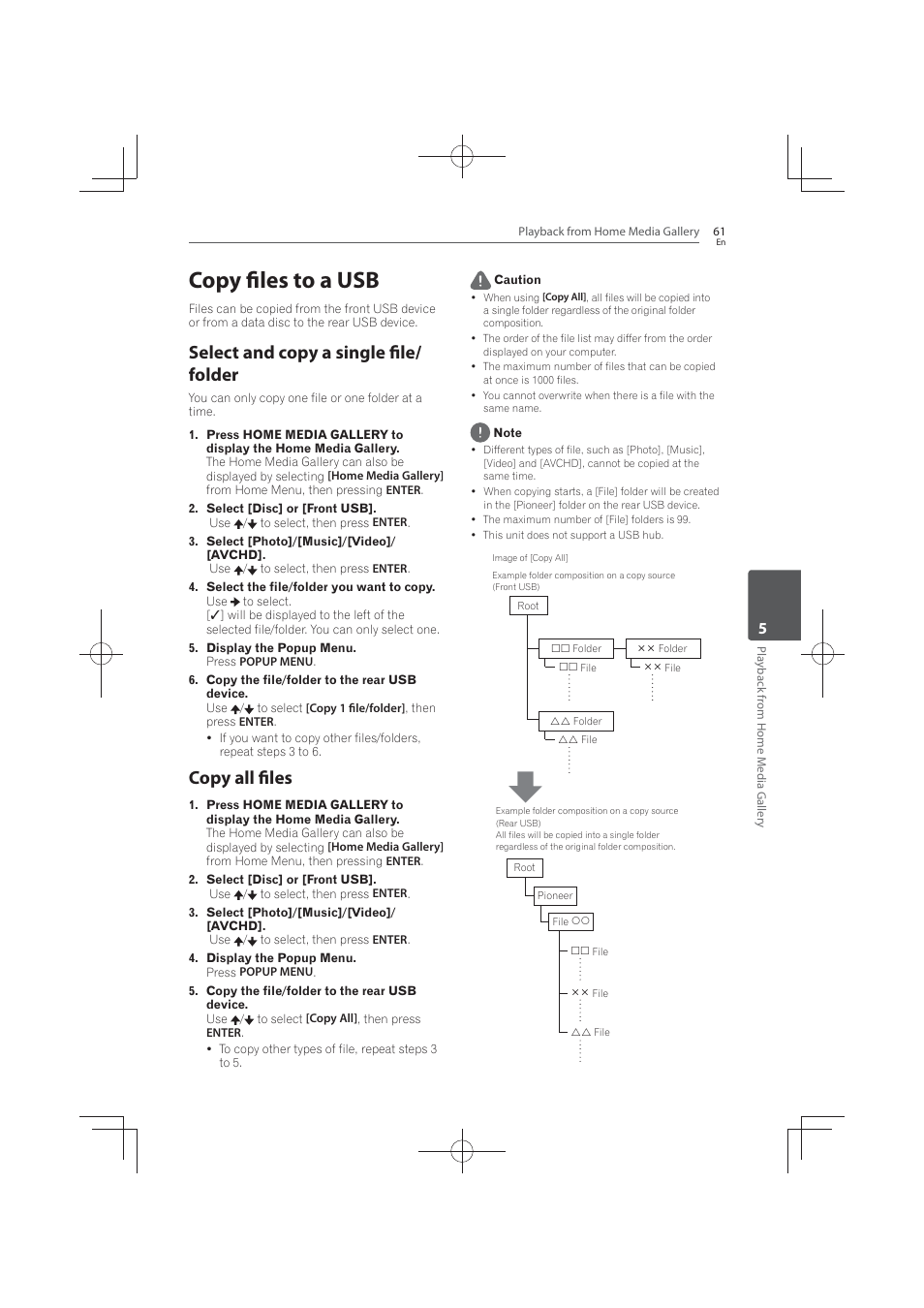 Copy files to a usb, Select and copy a single file/folder, Copy all files | Select and copy a single file/ folder | Pioneer MCS-FS131 User Manual | Page 61 / 576