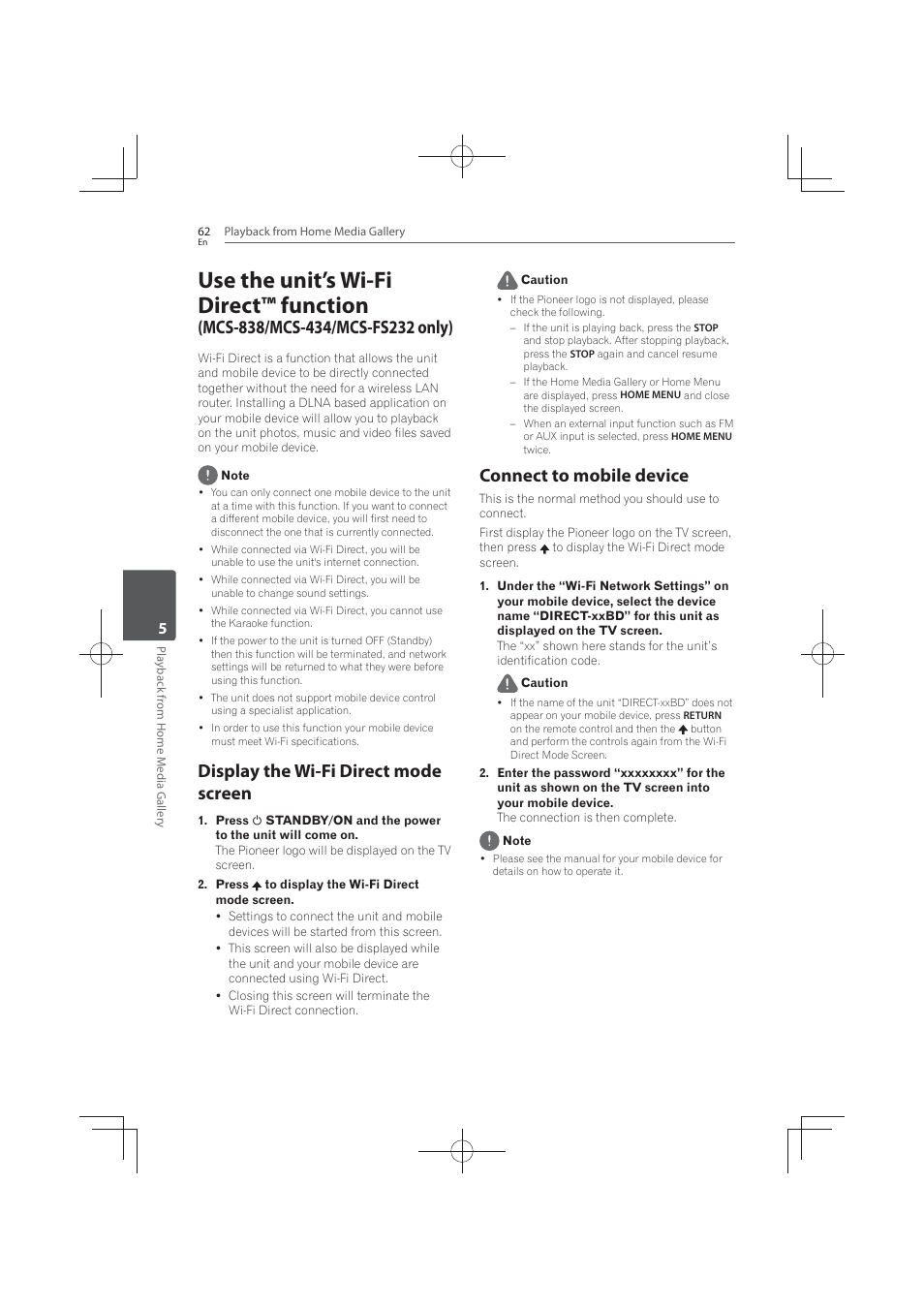 Display the wi-fi direct mode screen, Connect to mobile device, Use the unit’s wi-fi direct™ function | Pioneer MCS-FS131 User Manual | Page 62 / 576