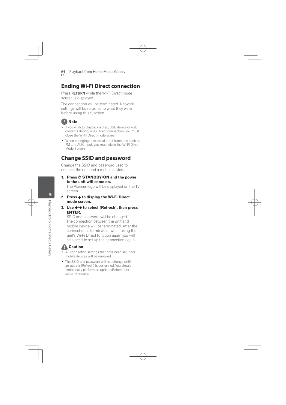 Ending wi-fi direct connection, Change ssid and password | Pioneer MCS-FS131 User Manual | Page 64 / 576