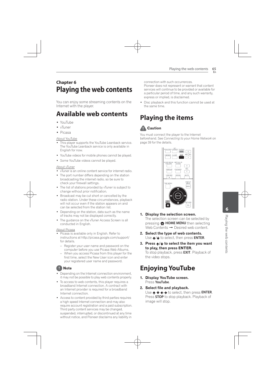 Playing the web contents, Available web contents, Playing the items | 65 enjoying, Youtube, Enjoying youtube, 6chapter 6 | Pioneer MCS-FS131 User Manual | Page 65 / 576