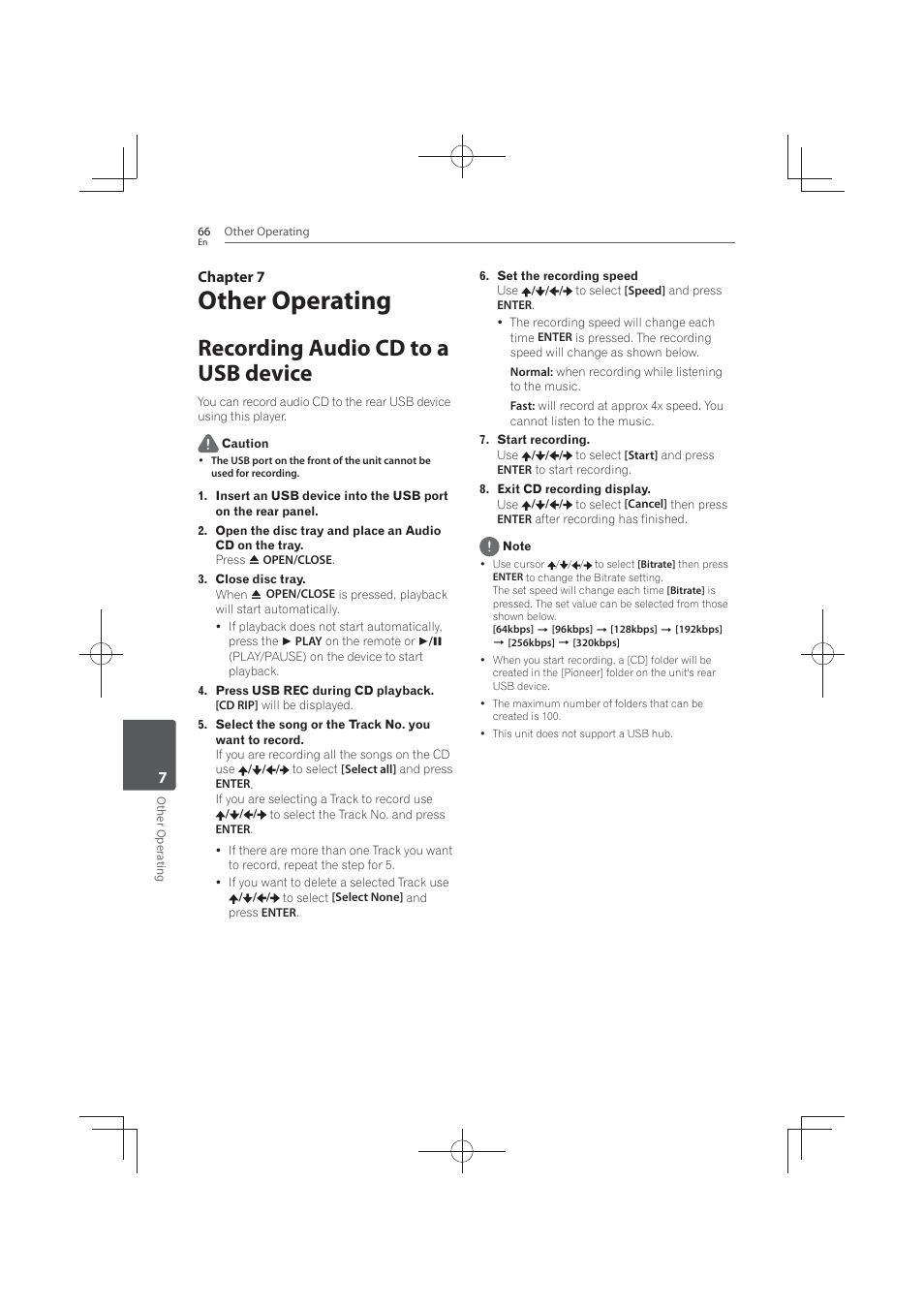 7 other, Operating, Recording audio cd to a usb device | Other operating, 7chapter 7 | Pioneer MCS-FS131 User Manual | Page 66 / 576