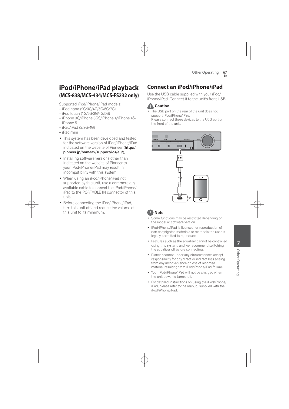 Connect an ipod/iphone/ipad, Ipod/iphone/ipad playback | Pioneer MCS-FS131 User Manual | Page 67 / 576