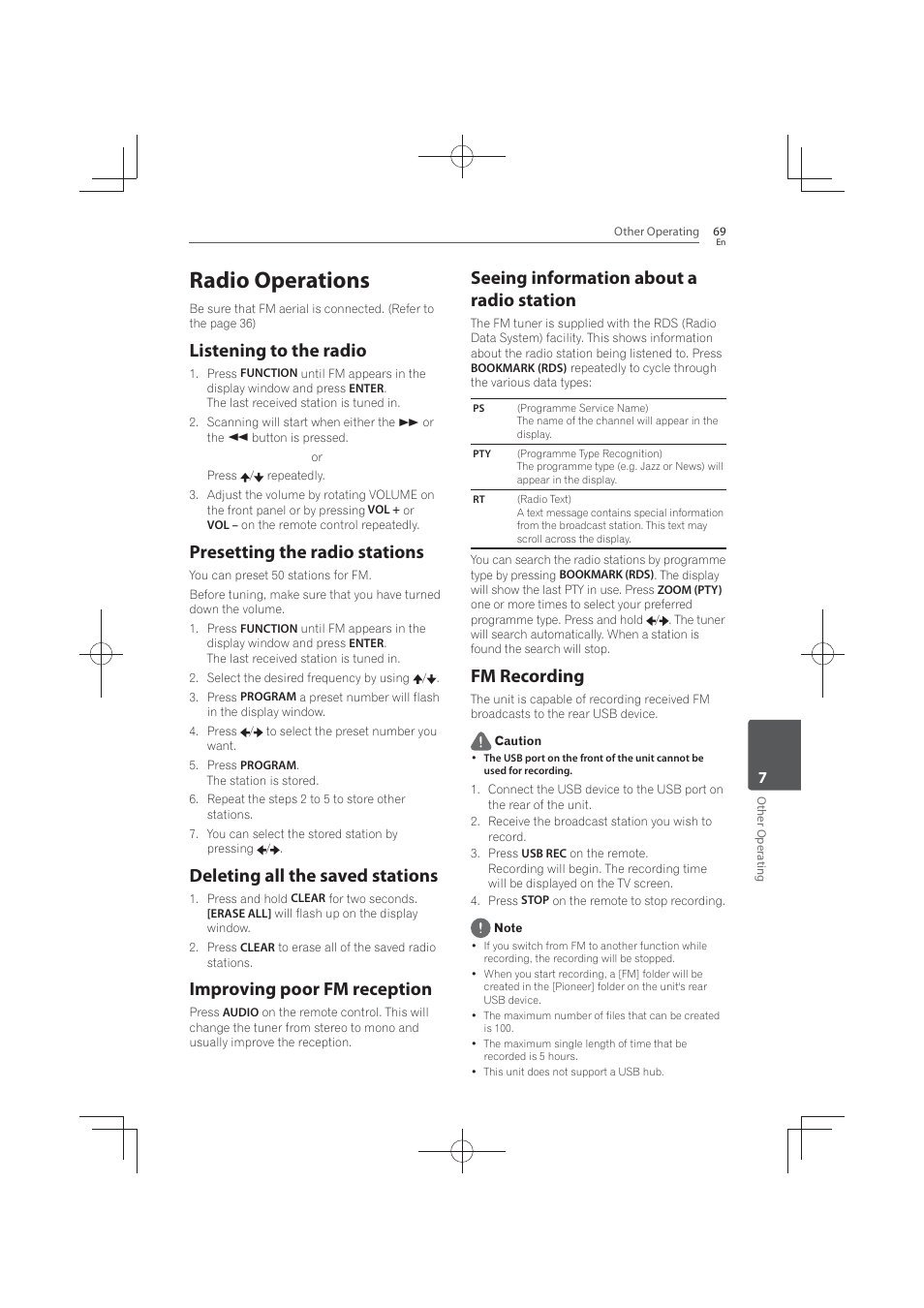 69 radio, Operations, Listening to the radio | Presetting the radio stations, Deleting all the saved stations, Improving poor fm reception, Seeing information about a radio station, Recording, Radio operations, Fm recording | Pioneer MCS-FS131 User Manual | Page 69 / 576