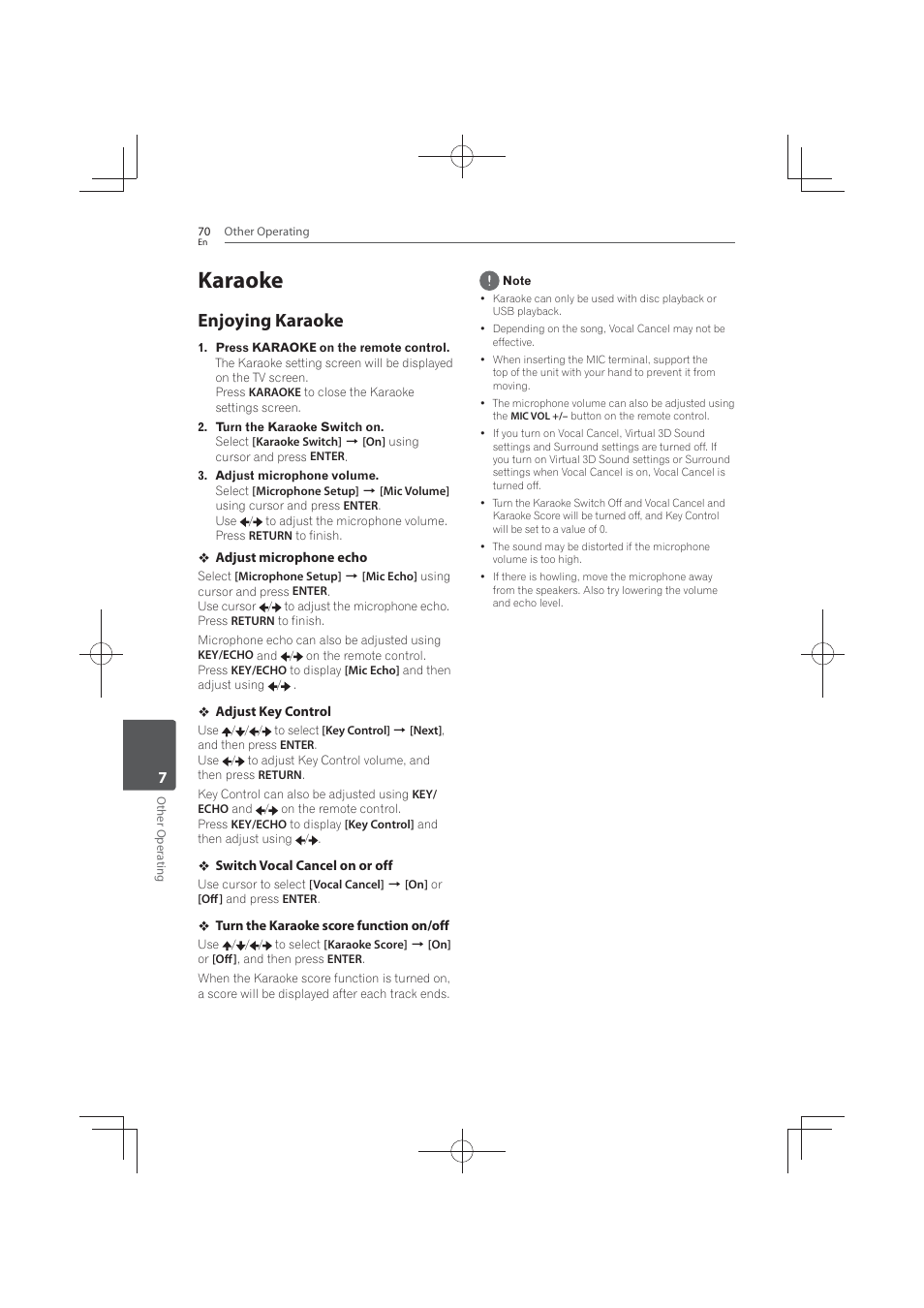 70 karaoke 70, Enjoying, Karaoke | Enjoying karaoke | Pioneer MCS-FS131 User Manual | Page 70 / 576