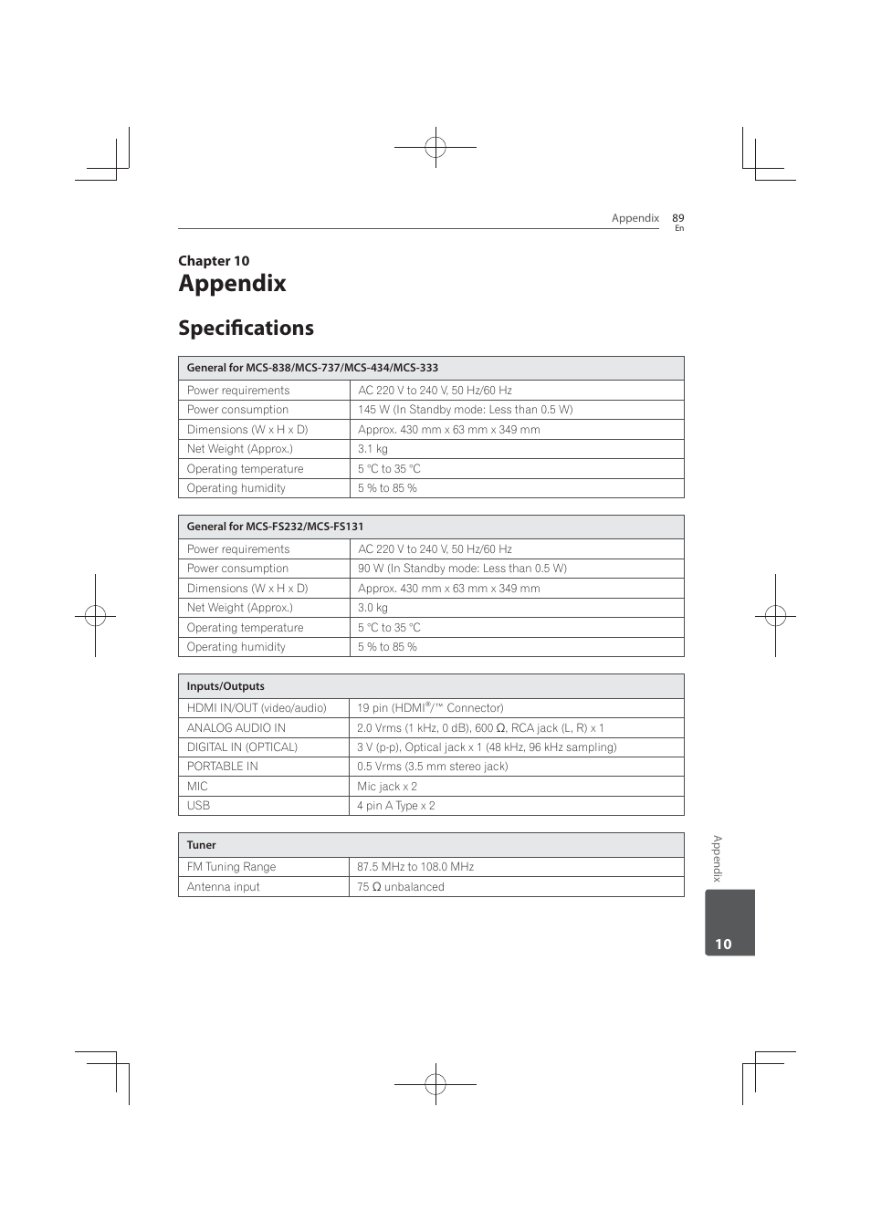 10 appendix, 89 specifications, Appendix | Specifications, 10 chapter 10 | Pioneer MCS-FS131 User Manual | Page 89 / 576