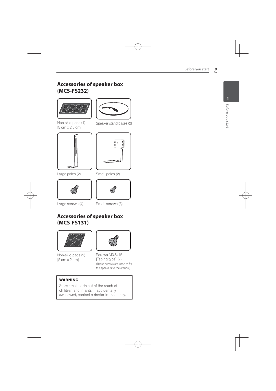 Accessories of speaker box (mcs-fs232), Accessories of speaker box (mcs-fs131) | Pioneer MCS-FS131 User Manual | Page 9 / 576
