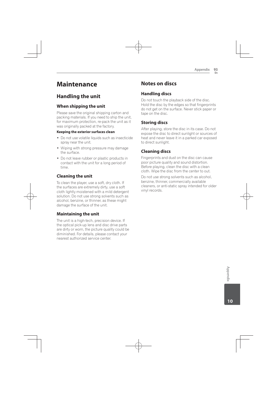 93 maintenance 93, Handling the unit, Notes on discs | Maintenance | Pioneer MCS-FS131 User Manual | Page 93 / 576
