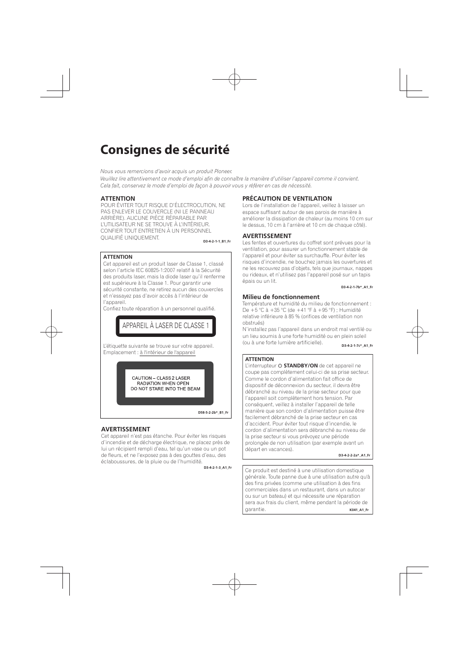 Consignes de sécurité, Appareil à laser de classe 1 | Pioneer MCS-FS131 User Manual | Page 96 / 576