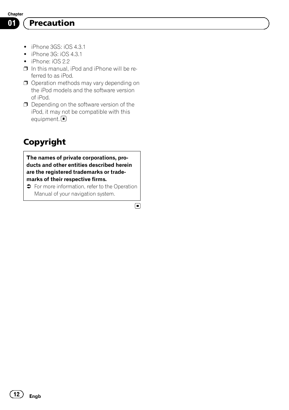 Copyright, 01 precaution | Pioneer AVIC-F310BT User Manual | Page 12 / 100