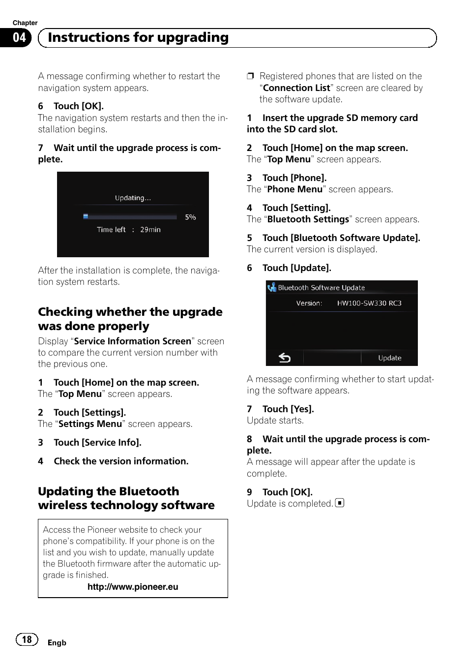 Checking whether the upgrade was, Done properly, Updating the bluetooth wireless | Technology software, 04 instructions for upgrading, Checking whether the upgrade was done properly | Pioneer AVIC-F310BT User Manual | Page 18 / 100