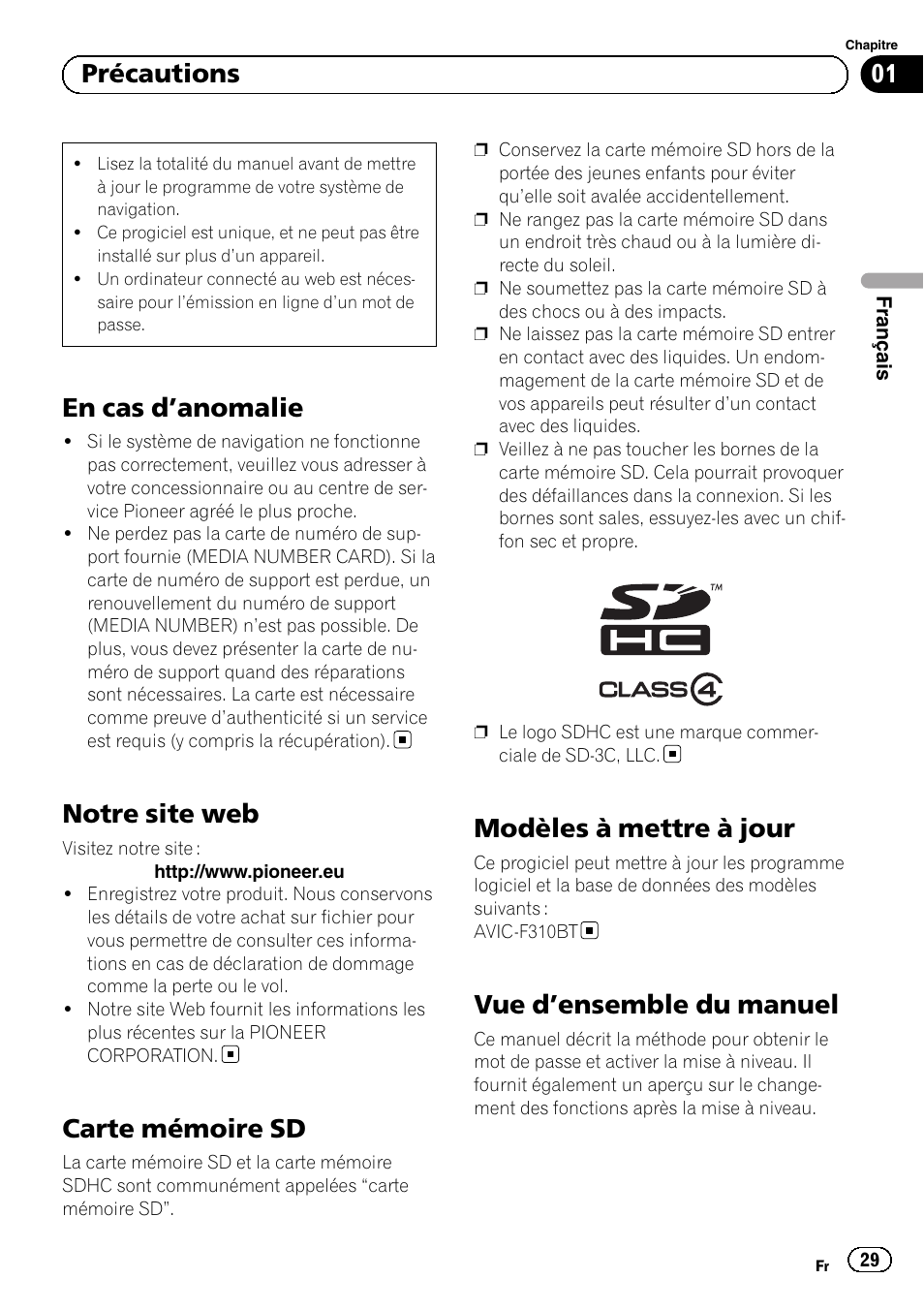 Précautions en cas d, Anomalie 29, Notre site web | Carte mémoire sd, Modèles à mettre à jour, Vue d, Ensemble du manuel 29, En cas d ’anomalie, Vue d ’ensemble du manuel, 01 précautions | Pioneer AVIC-F310BT User Manual | Page 29 / 100
