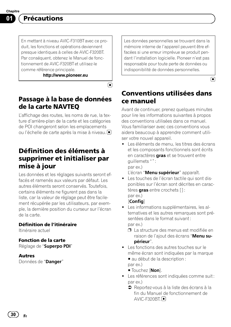 Passage à la base de données de la carte, Navteq, Définition des éléments à supprimer et | Initialiser par mise à jour, Conventions utilisées dans ce manuel, Passage à la base de données de la carte navteq, 01 précautions | Pioneer AVIC-F310BT User Manual | Page 30 / 100