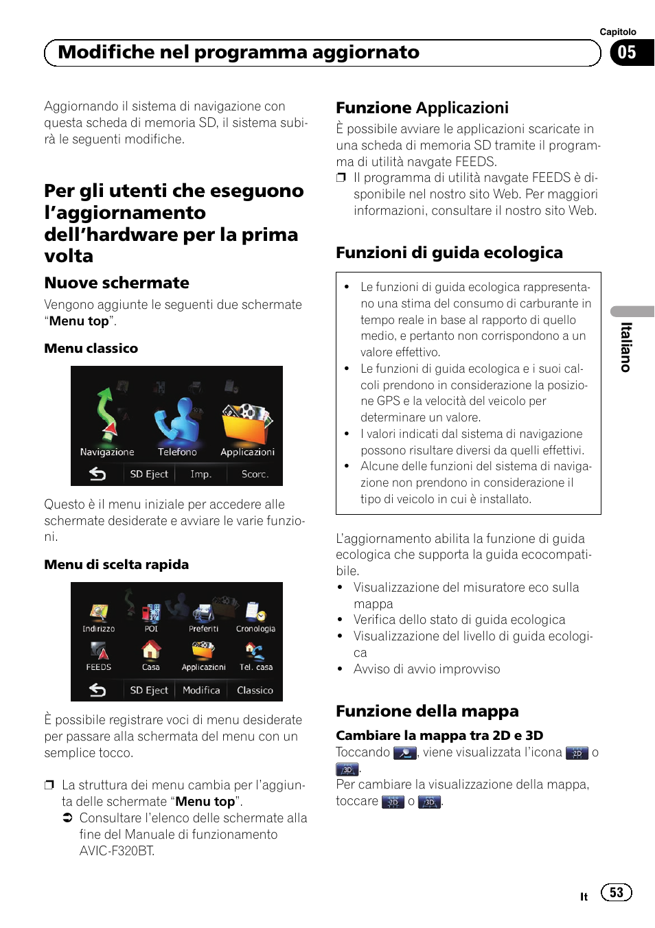 Aggiornamento, Dell, Hardware per la prima volta 53 | Nuove schermate 53, Funzione applicazioni 53, Funzioni di guida ecologica 53, Funzione della mappa 53, 05 modifiche nel programma aggiornato | Pioneer AVIC-F310BT User Manual | Page 53 / 100