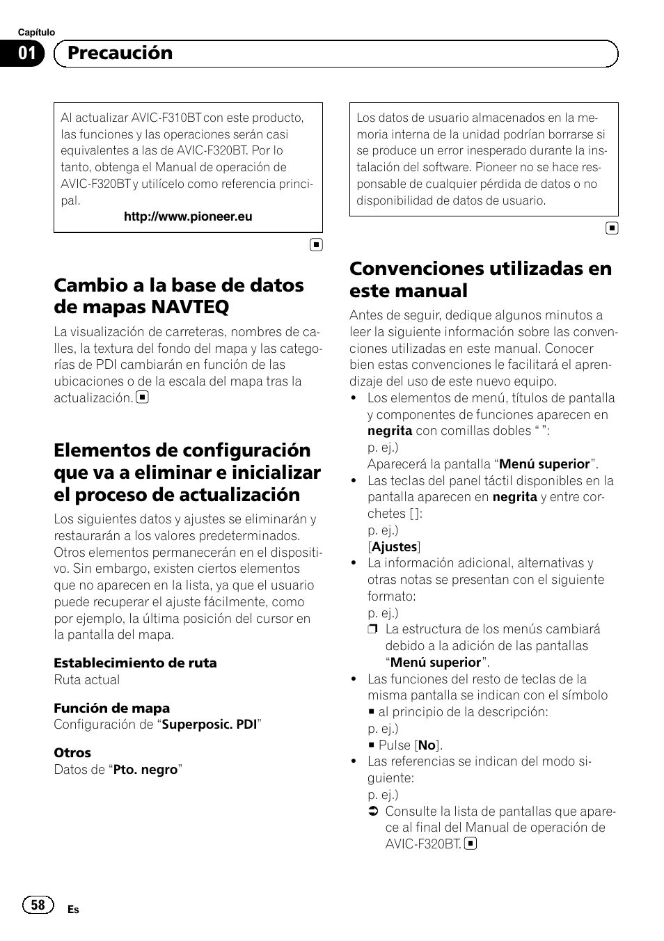 Cambio a la base de datos de mapas, Navteq, Elementos de configuración que va a | Eliminar e inicializar el proceso de actualización, Convenciones utilizadas en este manual, Cambio a la base de datos de mapas navteq, 01 precaución | Pioneer AVIC-F310BT User Manual | Page 58 / 100