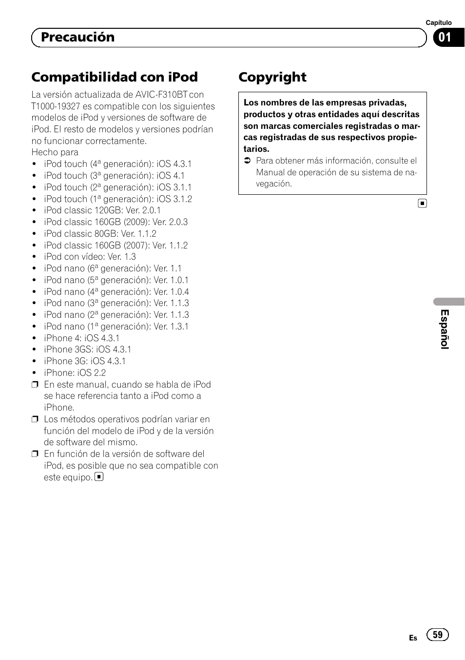 Compatibilidad con ipod, Copyright, 01 precaución | Pioneer AVIC-F310BT User Manual | Page 59 / 100